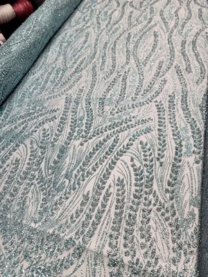 Mint Tulle Glitter Galaxy Design Fabric Rhinestones Glitter Lace Fabric by Yard - Image 1 of 4