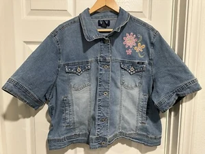 Angels Women's Blue Denim Embroidered Button Front Collared Jacket Size 26W EUC - Picture 1 of 5