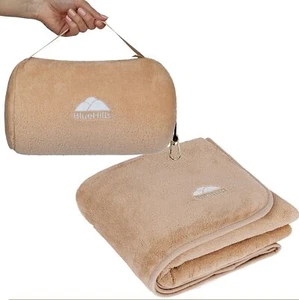 BlueHills Travel Blanket Pillow Rolled Premium Soft Plush Airplane Beige - Picture 1 of 9