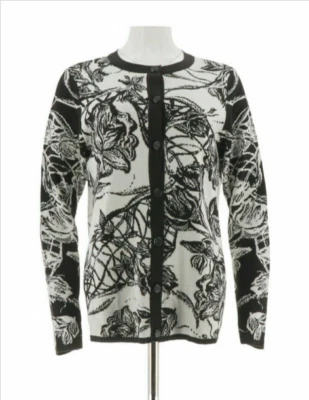 Cárdigan para mujer Dennis Basso floral de jacquard con ribete de punto acanalado, marfil, 2XS Foto 1 de 2
