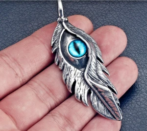 Large FEATHER 3RD EYE PAGAN Pendant DIAMOND Cut 925 Sterling Silver 22" Necklace - Picture 1 of 7