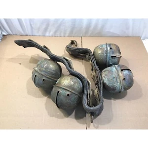 Antique large brass sleigh bells on leather strap, 4 bells, huge 4" bells - Picture 1 of 14
