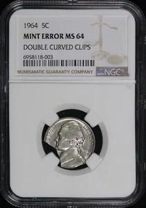 1964 Jefferson Nickel NGC MS-64 Mint Error Double Curved Clips - Picture 1 of 2