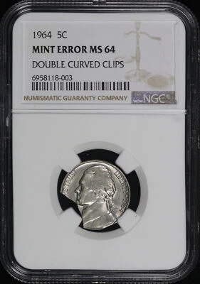 1964 Jefferson Nickel NGC MS-64 Mint Error Double Curved Clips - Image 1 of 2