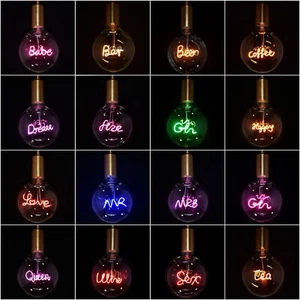 LED Neon Text Light Bulb 4W E27 Dream Happy Coffee Tea Bar Love Wine Mr Mrs Beer - Picture 1 of 20