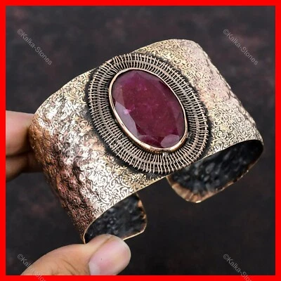 Nuevo Brazalete Joyería Envuelto Alambre Boho Aniversario Piedra Rubí Cachemira Ovalado Cobre Foto 1 de 4