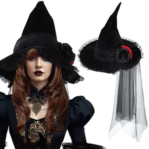 Halloween Witch Hat Gothic Black Wizard Hat with Lace Veil & Rose Flower - Picture 1 of 6