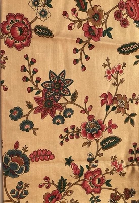 VTG Concord Fabric Jacobean Blue Red Flowers on Lt Brown Joan Kessler 26" x 44"W - Image 1 of 3