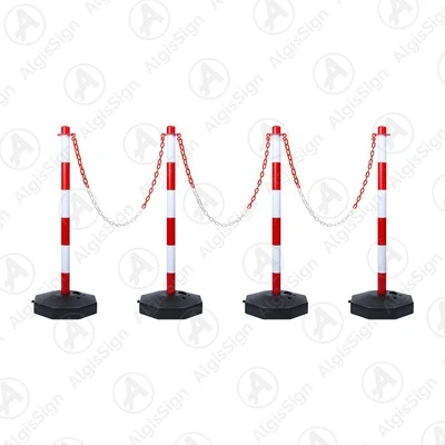 Set 4 Paletti di Delimitazione in Plastica con 10 metri di Catena Bianca Rossa - Immagine 1 di 4