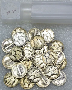 1934-1939 with some mintmarks MERCURY Dime Half Roll of 25 coins in tube #C182 - Picture 1 of 2