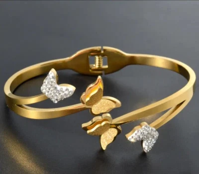 Interlocking Rhinestone Butterfly Bangle Bracelet Gold Plated Stainless Steel  - Image 1 of 4