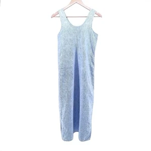 FLAX Slipster Linen Embroidered Maxi Dress Petite Side Slits Blue White Stripe - Picture 1 of 13