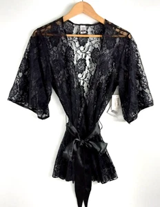 Dreamgirl Lace Robe Women's Size Medium Black Floral Short Belted Sexy Romantic - Picture 1 of 6