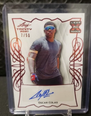 2021 Leaf Trinity Oscar Colas Rookie Auto Red Parallel #'d /50 White Sox RC - Image 1 of 2