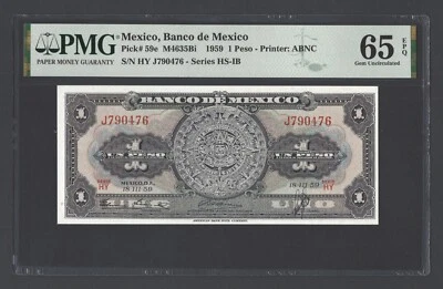 Mexico One Peso 1959 P59e Uncirculated Grade 65 - Image 1 of 2