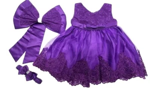 Baby Dress Embroidery Lace Flower Princess 9-12M Purple Bowknot Hairband Toddler - Picture 1 of 24