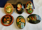 Vtg Russian Lacquer Hand Painted Brooch Lot Artist Signed Fashion Jewelry Pins