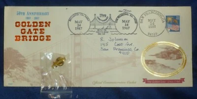 Lot/2 GOLDEN GATE BRIDGE TIE PIN & 50TH ANNIV 1st DAY COVER  Misspelled Franciso - Image 1 of 4