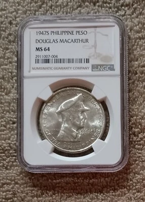 1947S Philippines Silver 1 Peso, Douglas MacArthur, NGC MS64, Bright Specimen - Image 1 of 2