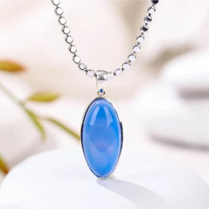 D09 Rimorchio Ovale Di Blu Calcedonio 925 Argento Sterling - Foto 1 di 4