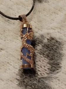 ~ Stunning Golden Dragon Blue Glowing Pendant Necklace Healing Wicca Pagan 18" - Picture 1 of 2