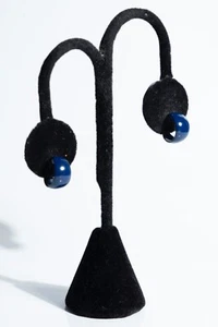 Vintage Fashion Earrings Unsigned - Mini Little Metal Blue Half Hoops - Picture 1 of 4