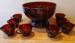 Anchor Hocking Royal Ruby Red Punch Bowl Set - Includes Bowl, Stand & 8 Cups - Picture 1 of 4