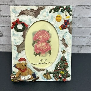 Photo Frame 3.5" X 5" Holiday Ceramic Christmas Tree Teddy Bear Wreath Snow - Picture 1 of 14