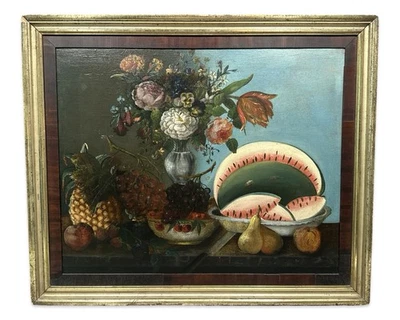 19thC Antique VICTORIAN Era FRUIT & FLOWERS Old STILL LIFE Oil PAINTING & Frame - Image 1 of 4