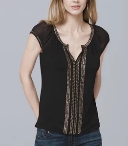 Camiseta para mujer White House Black Market talla L negra manga corta lentejuelas frontal SH - Imagen 1 de 8