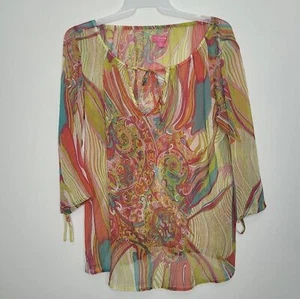 Rainbow Paisley 90s Chiffon funky semi sheer art to wear blouse size xxl m - Picture 1 of 7