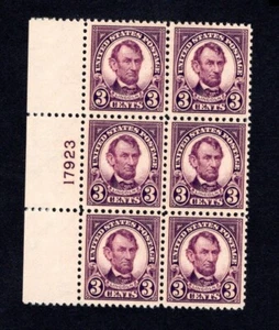 SCOTT #555 VF MINT NH 1923 VIOLET ABRAHAM LINCOLN PLATE BLOCK OF SIX Very Fresh - Picture 1 of 2