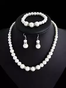 Faux Pearl Jewelry Set Including 1pc Necklace, 1pc Bracelet, And 1pair Earrings - Picture 1 of 3