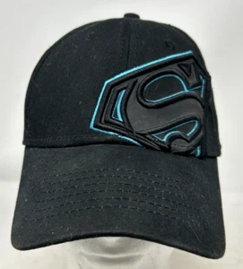 DC Comics Superman Superhero Black w/ Teal Embroidered Flex Fitted Cap Hat - Picture 1 of 6