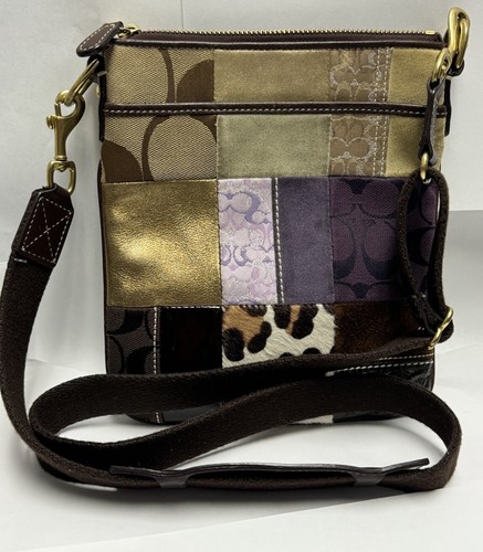 Borsa a tracolla Coach patchwork in pelle scamosciata firmata jacquard jacquard cerniera nuova