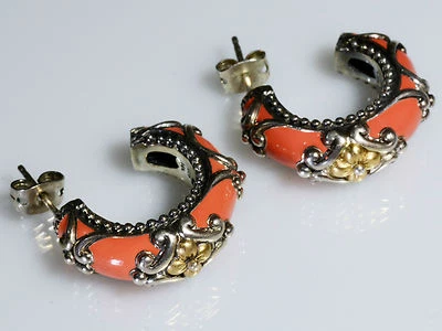 🦋 Barbara Bixby Signature Floral Red Enamel Hoop Earrings Sterling Silver 18K  - Image 1 of 4