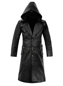 Men's Lambskin Leather Long Winter Trench Coat Full Length Duster Black Overcoat - Picture 1 of 7