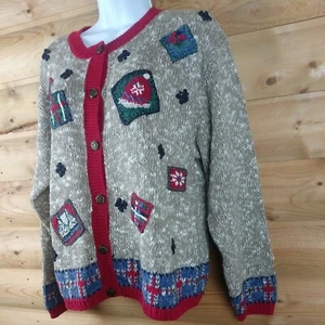 Northcrest Holiday Sweater Cardigan Button Down Wool Women Brown Red Trim Large - Picture 1 of 12