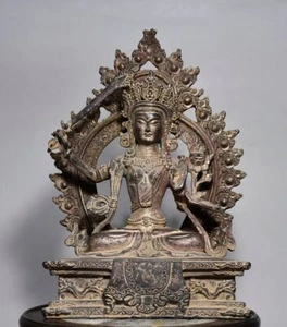 10" Old Antique Tibet Tibetan Buddhism temple Bronze Bodhisattva Manjusri statue - Picture 1 of 9
