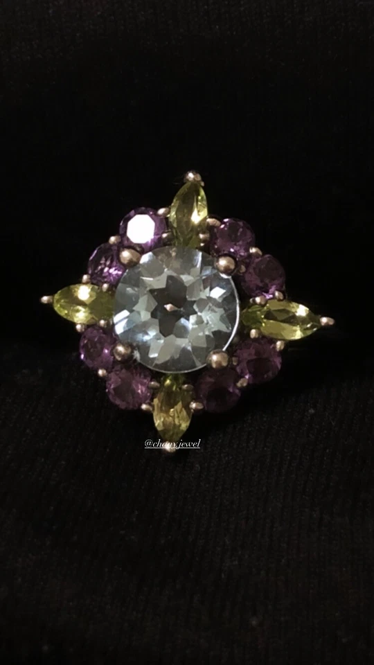 925 Sterling Silver Anello Acquamarina , Ametista e Citrini - Immagine 1 di 2