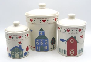 VINTAGE PREFERRED STOCK CERAMIC "FOLK ART" CERAMIC CANISTER SET (3) MADE TAIWAN - Picture 1 of 4