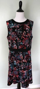 NINE WEST Black Blue Red Floral Sleeveless Flare Career Dress Size 14 EUC - Picture 1 of 6