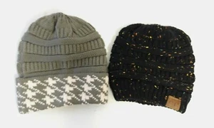 Two Knitted Beanie Hats, Taupe & Pink & Black Multi with Bun Ponytail Hole - NEW - Picture 1 of 4