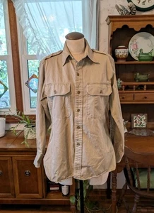 (Med) 1940s or 50s USAF Pilot Shirt BUTTON-DOWN Vintage Khaki WWII Air Force - Picture 1 of 10