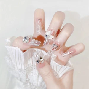 Glitter Long Coffin Fake Nail with Rhinestone False Nail Pink Butterfly Nail Tip - Picture 1 of 11