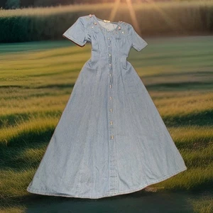 Maxi abito vintage anni 90 strass denim bottoni S Western Prairie Cottagecore - Foto 1 di 17