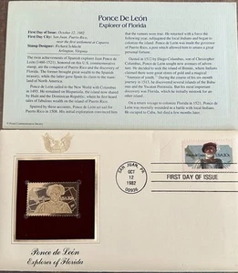 Cubierta Postal EE. UU. Primer Día Ponce de León Oro Réplica 1982 Envío Gratis - Imagen 1 de 3