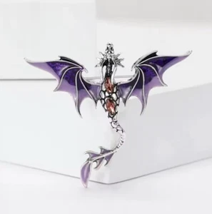 New Purple & Silver Flying Dragon Brooch Crystal Pin Gift Retro Enamel Jewelry - Picture 1 of 3