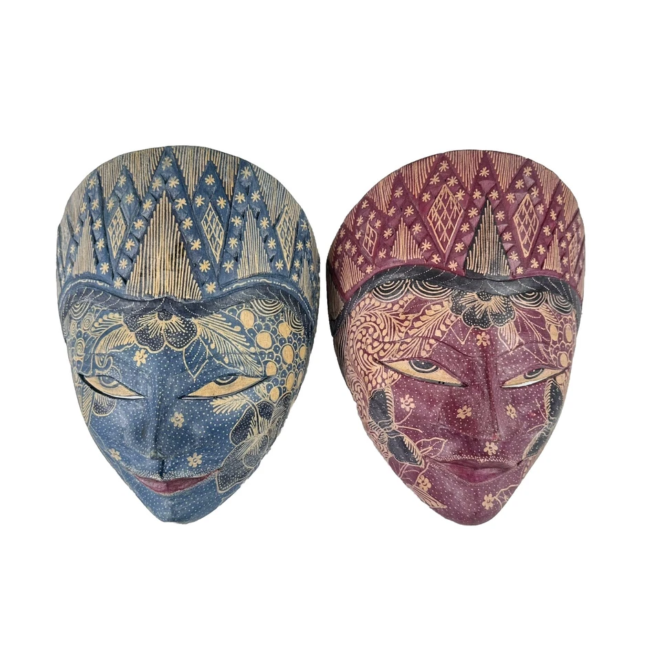 2 Piezas MASCARILLA BATIK Cara Madera Tallada a Mano Arte Java Decoración de Pared Adorno Firmado Foto 1 de 4