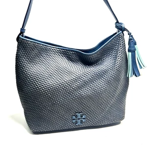 TORY BURCH Thea Braided Weaved Leather Tote Blue w/Tassel - Picture 1 of 12